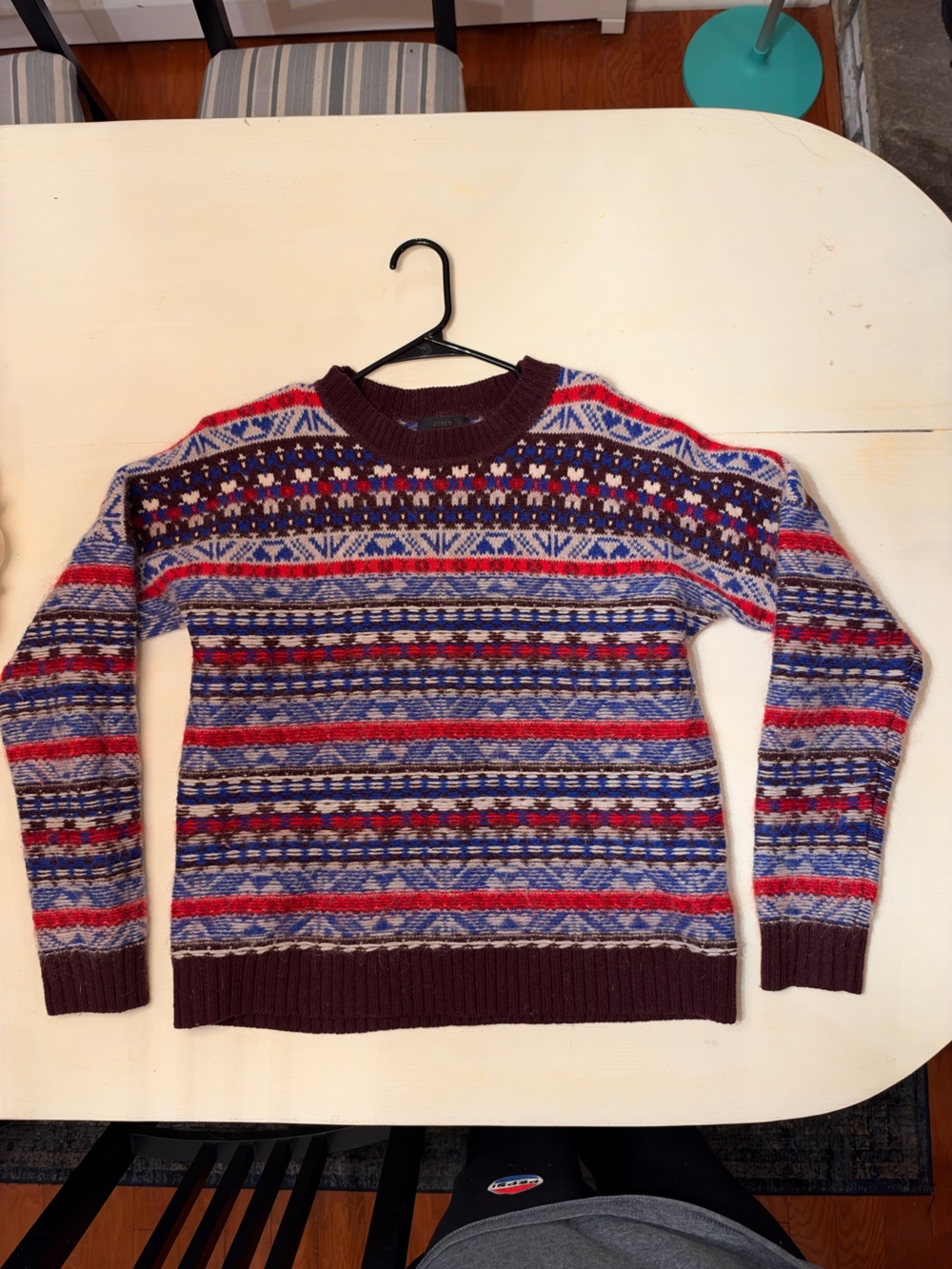 Women’s Wool Fair Isle Crewneck Sweater in Blue, Red & Gray